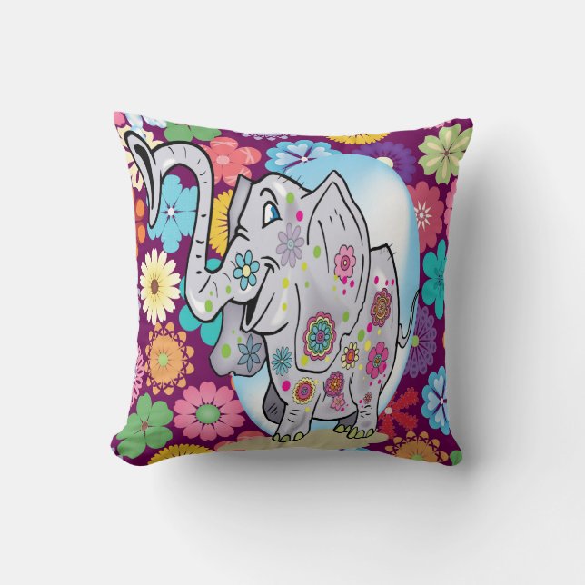 Niedlicher Hippie-Elefant mit bunten Blumen Kissen (Vorderseite)