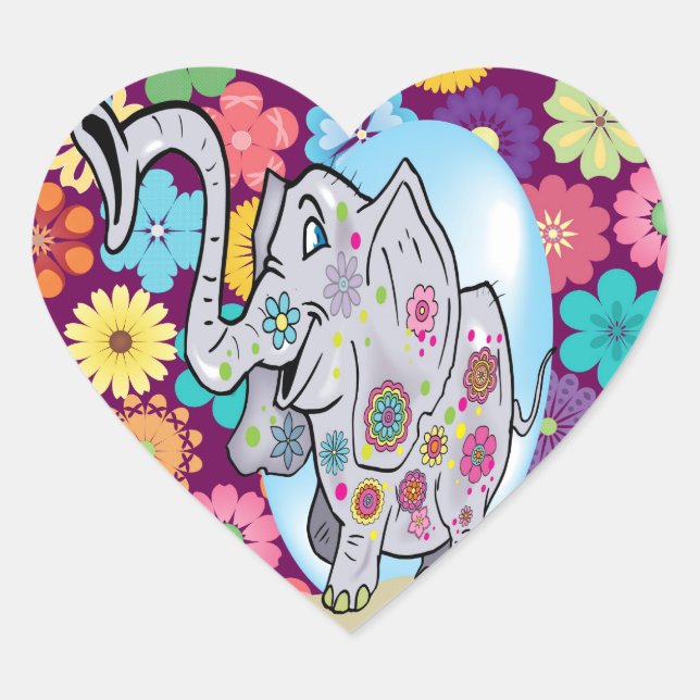 Niedlicher Hippie Elephant mit bunten Blume Herz-Aufkleber (Vorderseite)