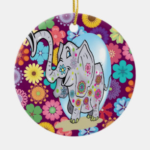 Niedlicher Hippie Elephant mit bunten Blume Keramik Ornament