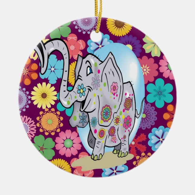 Niedlicher Hippie Elephant mit bunten Blume Keramik Ornament (Vorne)