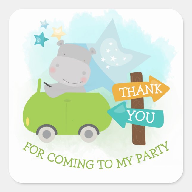 Niedlicher Hippo Car Danke, Boy Birthday Quadratischer Aufkleber (Vorderseite)