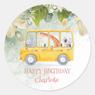 Niedlicher Hippo School Bus Safari Dschungel Gebur Runder Aufkleber