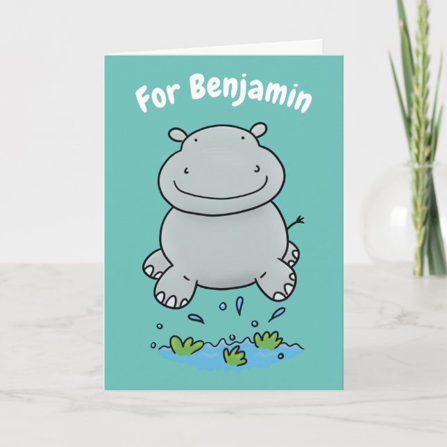 Niedlicher Hippo Springen Cartoon personalisierter Karte (Vorderseite)