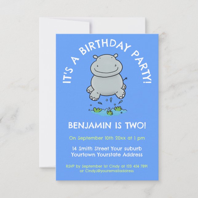 Niedlicher Hippo-Springling Cartoon Geburtstag Einladung (Vorderseite)