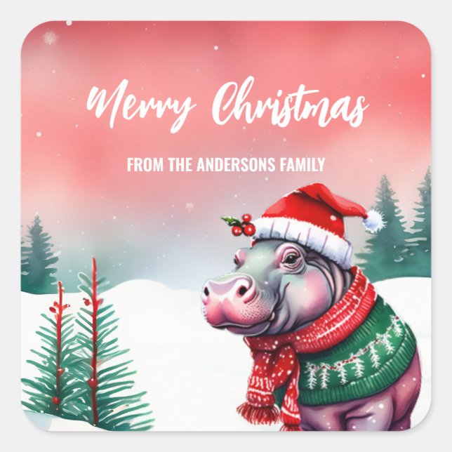 Niedlicher HIPPO Tierzoo Weihnachtskinder Party Quadratischer Aufkleber (Vorderseite)