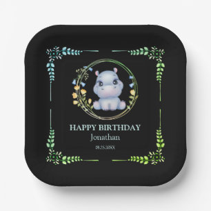 Niedlicher Hippopotamus Blume Wreath Birthday Blac Pappteller