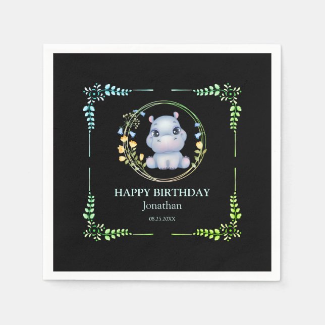 Niedlicher Hippopotamus Blume Wreath Birthday Blac Serviette (Vorderseite)
