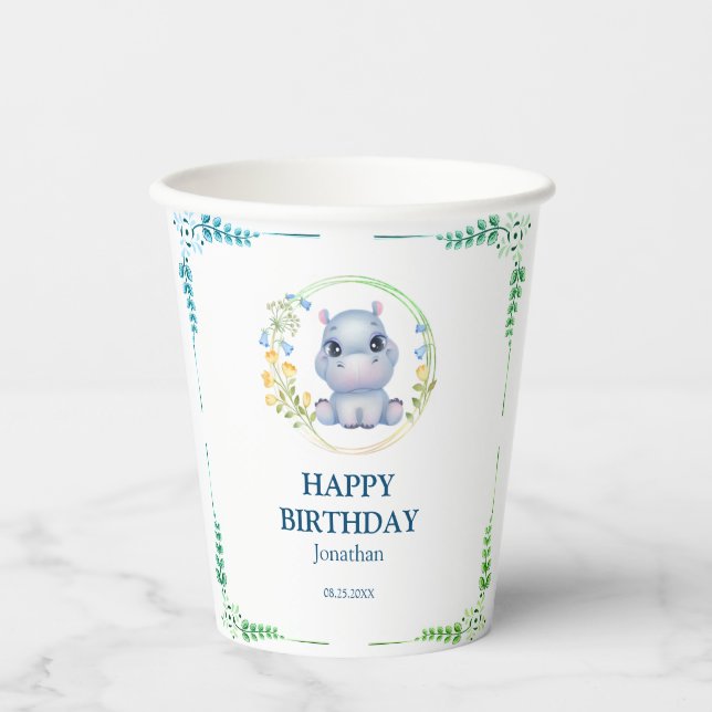 Niedlicher Hippopotamus Blume Wreath Happy Birthda Pappbecher (Vorderseite)