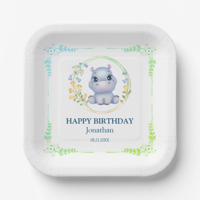 Niedlicher Hippopotamus Blume Wreath Happy Birthda Pappteller (Vorderseite)