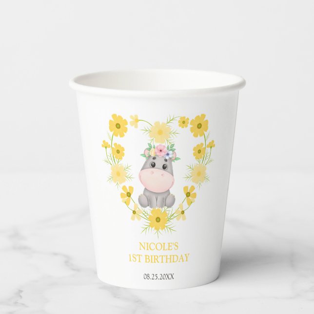 Niedlicher Hippopotamus Gelbe Blume Herz 1. Geburt Pappbecher (Rückseite)