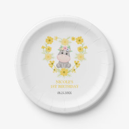 Niedlicher Hippopotamus Gelbe Blume Herz 1. Geburt Pappteller