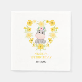 Niedlicher Hippopotamus Gelbe Blume Herz 1. Geburt Serviette