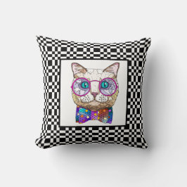 Niedlicher Hipster-Cat auf B&W-Checkerboard Kissen