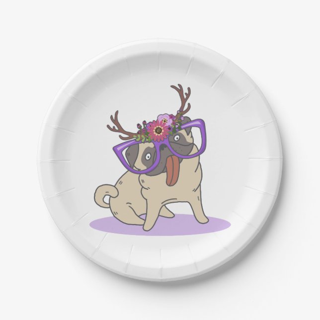 Niedlicher Hipster Floral Antlers Hippie Mops Bril Pappteller (Vorderseite)