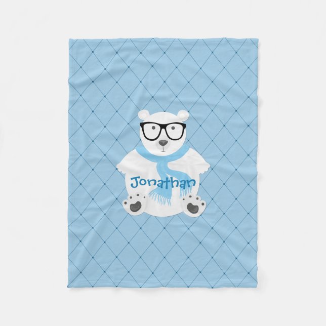 Niedlicher Hipster Polar Bear Blue Personalisiert Fleecedecke (Vorderseite)