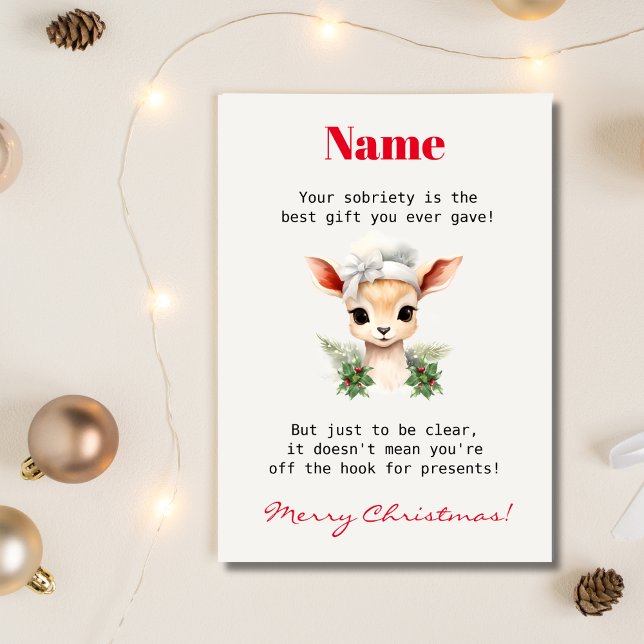 Niedlicher Hirsch Individuelle Name Sober Support  Karte (Personalize sober support christmas card, cute deer, pastel colors, cozy winter, custom name)