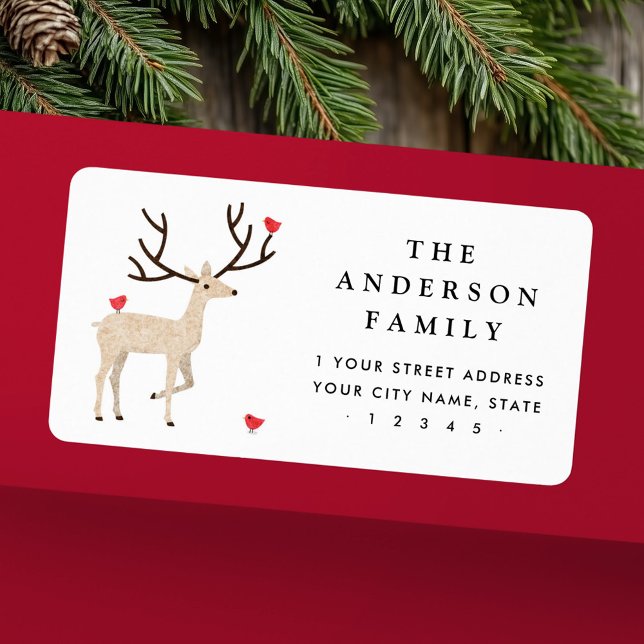 Niedlicher Hirsch mit Rücksendeadresse von Roten V Adressaufkleber (Cute stag with red birds return address label)