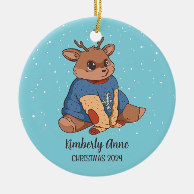 Niedlicher Hirschfest Rentierschnee Winterurlaub Keramik Ornament (Vorne)