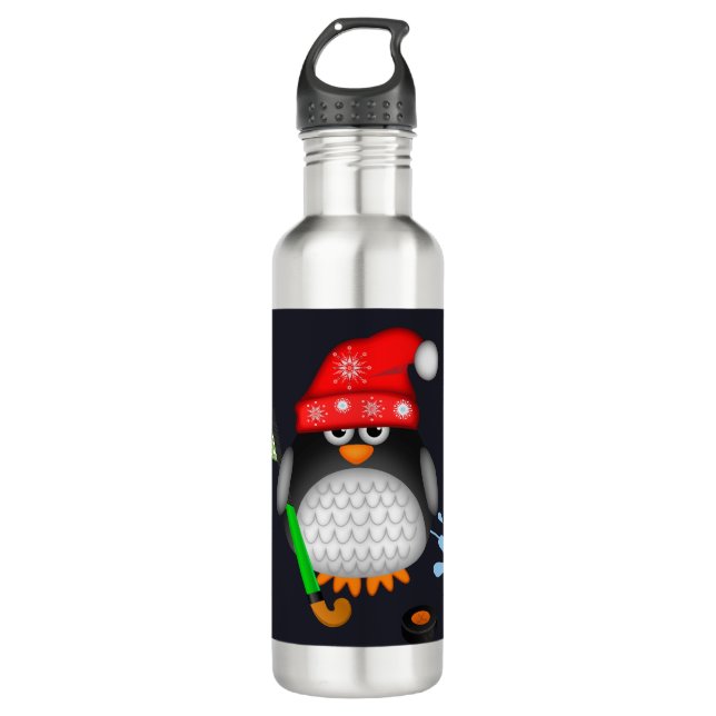 Niedlicher Hockey Penguin mit rotem Hut und Trinkflasche (Vorderseite)