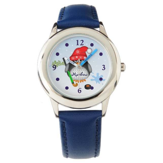 Niedlicher Hockey-Pinguin mit individuelle Name Armbanduhr (Vorderseite)