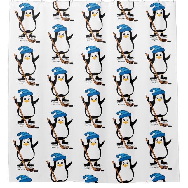 Niedlicher HockeyPenguin mit Hockey-Stock Duschvorhang (Vorderseite)