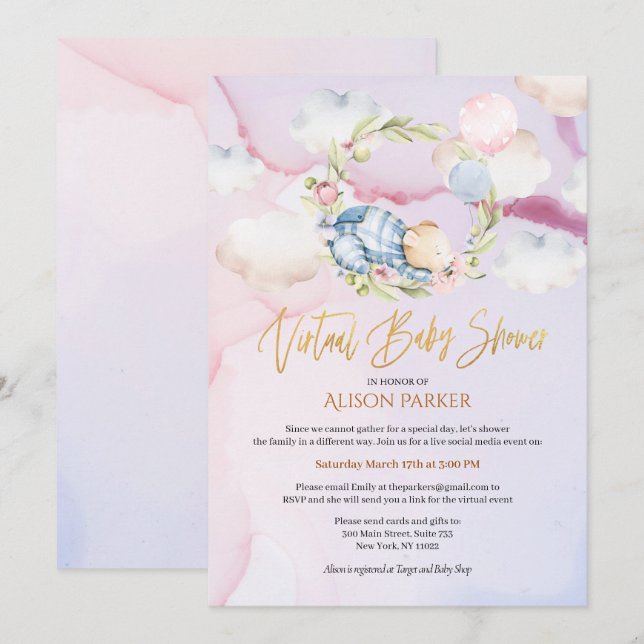 Niedlicher Holzbär Blütenpink Sky Virtual Dusche Einladung (Vorne/Hinten)