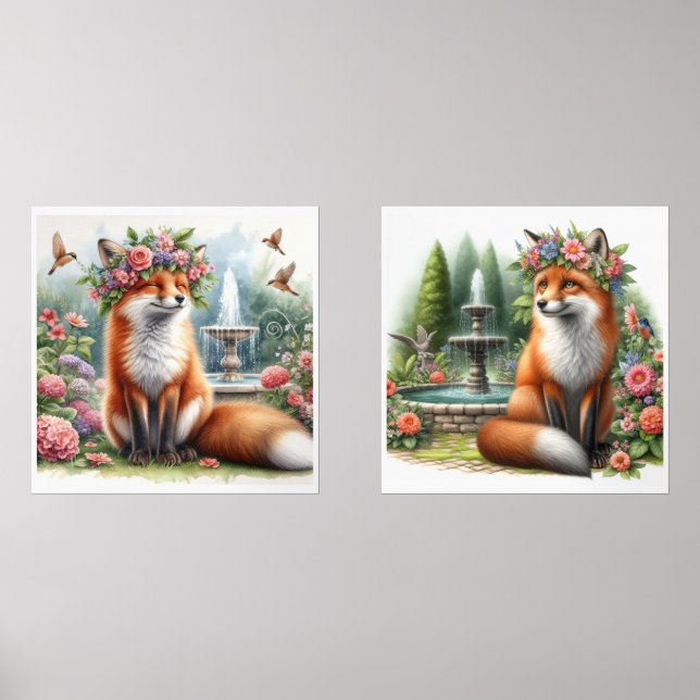 Niedlicher Holzfuchs im Blumengarten Print-Set Bilderwand Sets (Vorderseite)