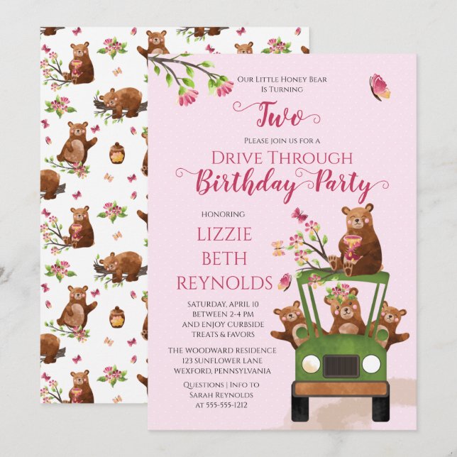 Niedlicher Honey Bear Drive Thru Girl 2. Geburtsta Einladung (Vorne/Hinten)