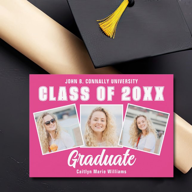 Niedlicher Hot-Pink-Abschluss Fotocollage Graduate Ankündigung (Von Creator hochgeladen)