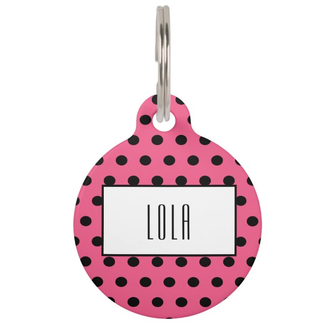 Niedlicher Hot Pink & Black Polka Punkt Haustiermarke (Vorderseite)