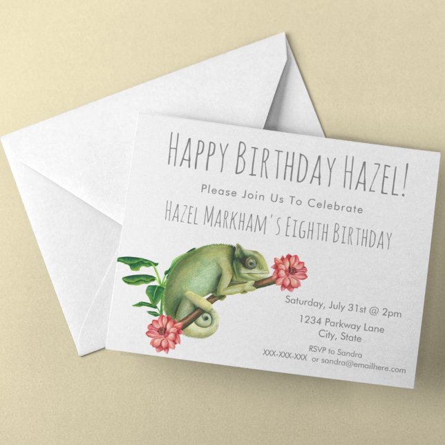 Niedlicher Hübscher Chameleon Floral 8. Kindergebu Einladung (Von Creator hochgeladen)