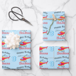Niedlicher Hubschrauber Geburtsname und -alter Geschenkpapier Set