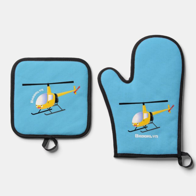 Niedlicher Hubschrauber mit gelbem Cartoon Ofenhandschuh & Topflappen-Set (Vorderseite)