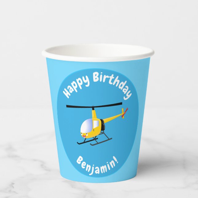 Niedlicher Hubschrauber mit gelbem Cartoon Pappbecher (Vorderseite)