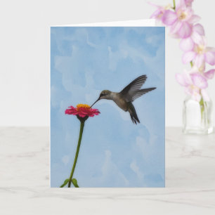 Niedlicher Hummingbird Hovering auf rosa Blume Not Karte