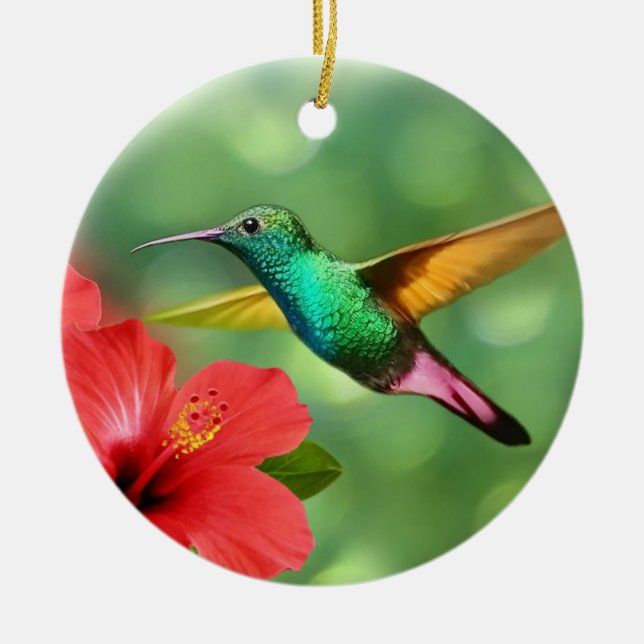Niedlicher Hummingvogel mit Blume Keramik Ornament (Vorne)