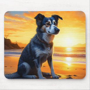 Niedlicher Hund am Strand bei Sunset Mousepad