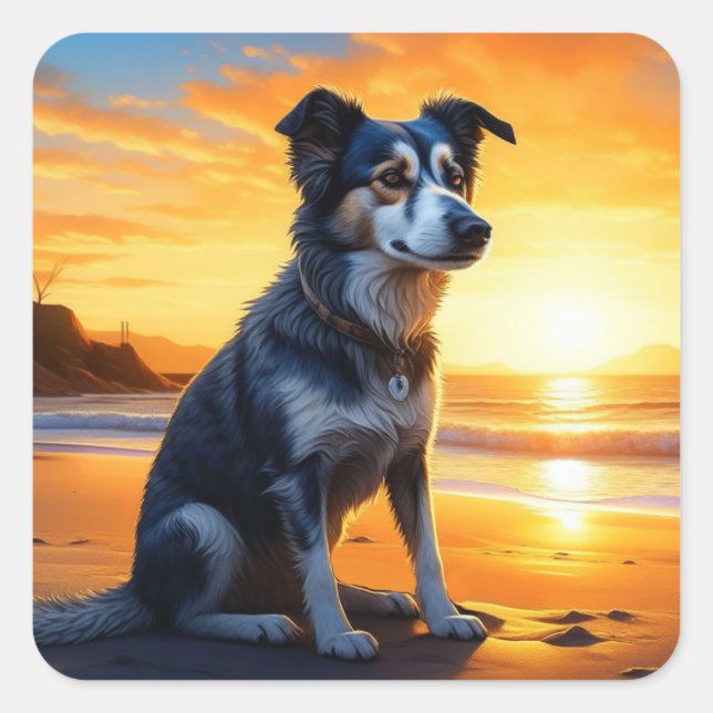 Niedlicher Hund am Strand bei Sunset Quadratischer Aufkleber (Vorderseite)