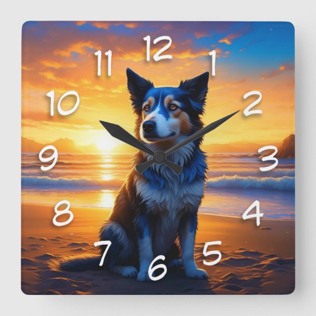 Niedlicher Hund am Sunset Serene Ocean Beach Quadratische Wanduhr (Vorderseite)