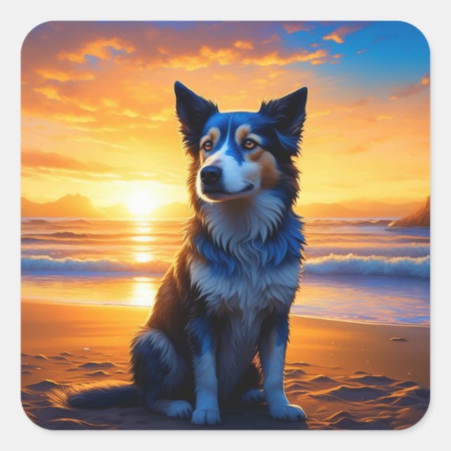 Niedlicher Hund am Sunset Serene Ocean Beach Quadratischer Aufkleber (Vorderseite)