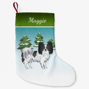 Niedlicher Hund aus Schwarz-Weiß-Papillen im Winte Kleiner Weihnachtsstrumpf