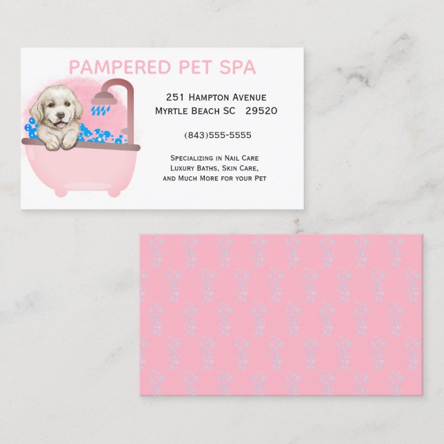 Niedlicher Hund Bath Pink Pet Groomer Visitenkarte (Vorne/Hinten)