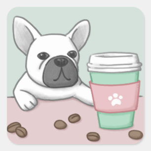 Niedlicher Hund, Cup und Kaffeebohnen Illustration Quadratischer Aufkleber