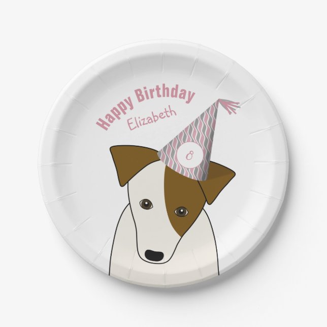 niedlicher Hund, der Party trägt, hat einen rosa g Pappteller (Vorderseite)