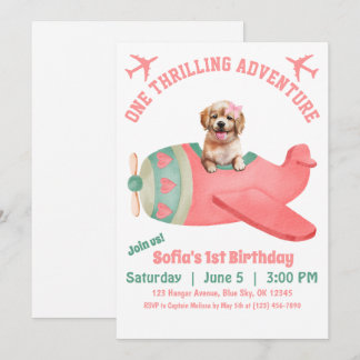 Niedlicher Hund Flying Airplane Rosa Aquarell Gebu Einladung