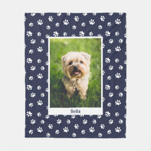 Niedlicher Hund Foto Name White Paw Prints Navy Bl Fleecedecke