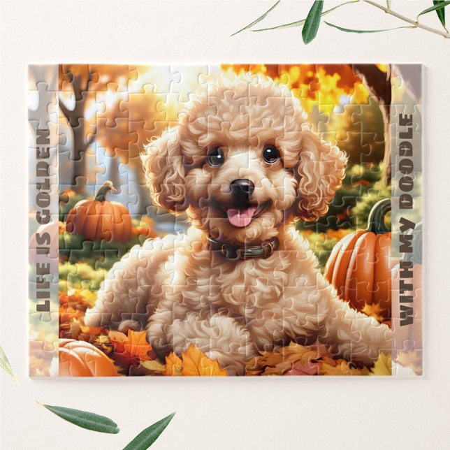 Niedlicher Hund Goldendoodle Welpe Fall Pumpkin Na (Cute Dog Goldendoodle Puppy Fall Pumpkin Name Jigsaw Puzzle)