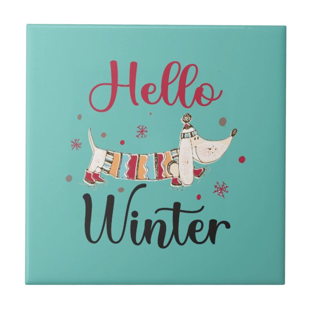 Niedlicher Hund Hallo Winter Fliese (Vorderseite)