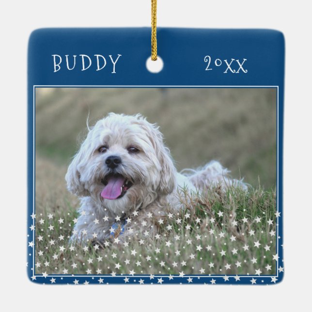 Niedlicher Hund Haustier 2 Fotos Star Pattern Blau Keramikornament (Rückseite)
