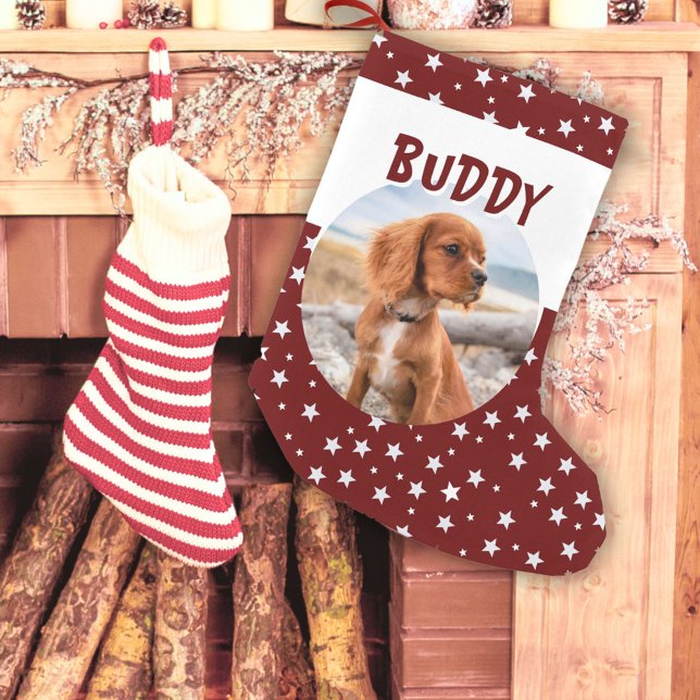 Niedlicher Hund Haustier Foto Red Star Muster Kleiner Weihnachtsstrumpf (Von Creator hochgeladen)